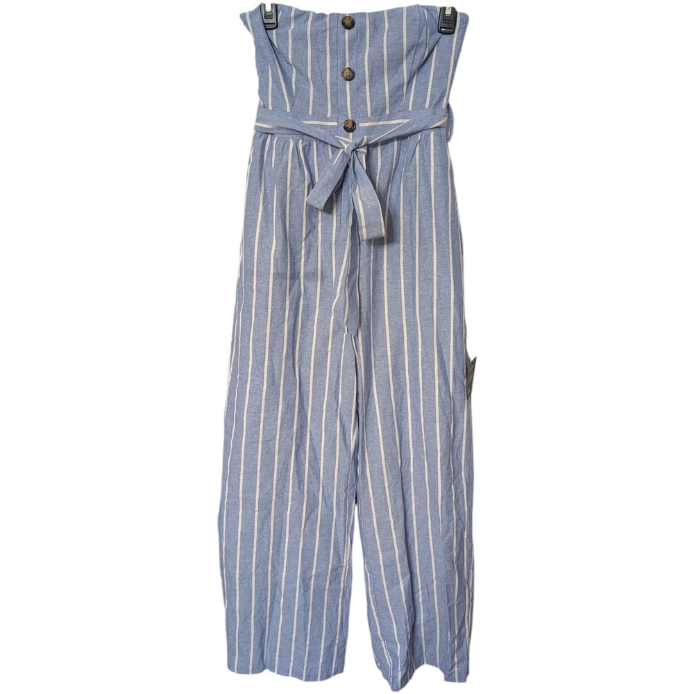 Lulus Sunny Day Classic Blue White Striped Strapless Jumpsuit Linen Blend Small - Picture 4 of 9